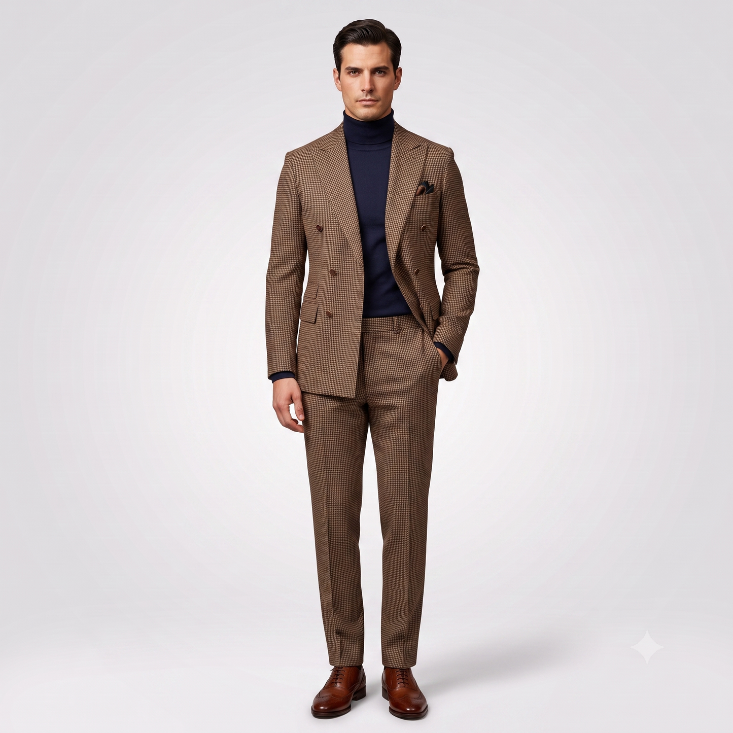 A man modeling a brown double-breasted suit with a subtle check pattern, paired with a navy blue turtleneck sweater and brown dress shoes, against a light gray studio background.