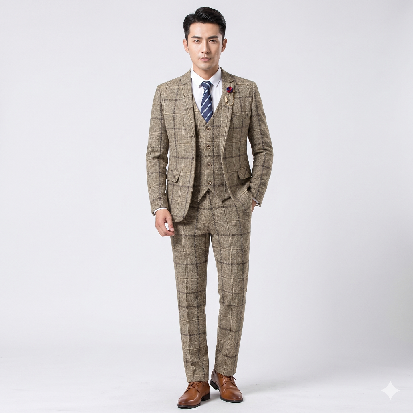 Man wearing a beige checkered suit with a white shirt and striped tie on a light gray background