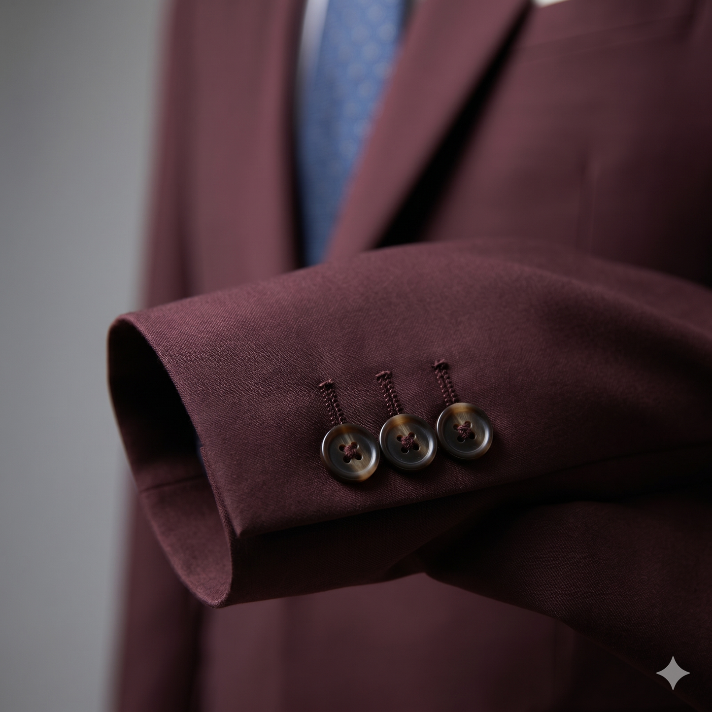 Close-up of a burgundy suit jacket with three buttons on a neutral background