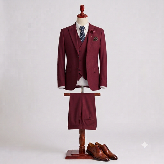 A three-piece burgundy suit displayed on a mannequin torso with a matching vest, trousers, striped tie, pocket square, and dress shoes on a stand against a light gray background.