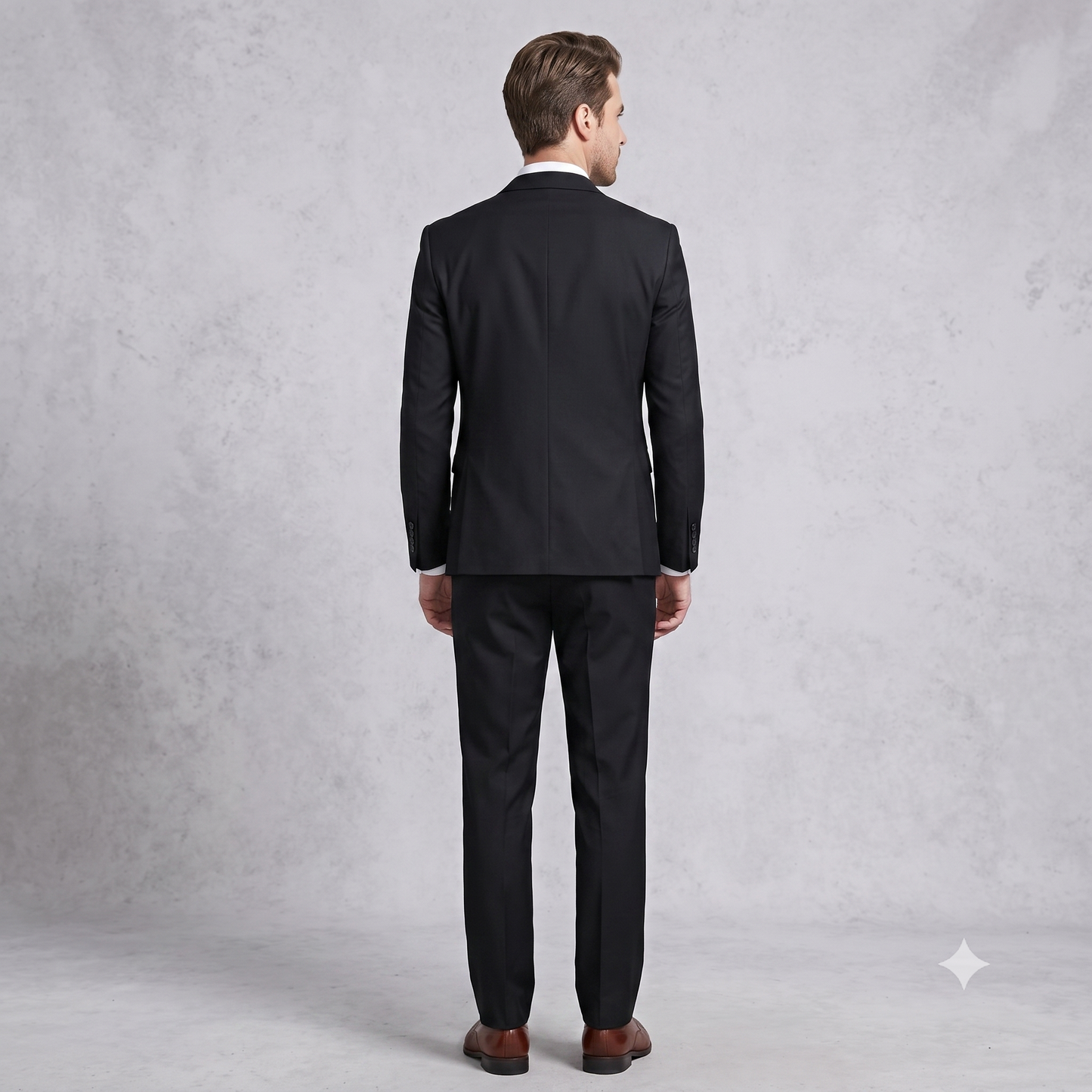 Man wearing a black suit standing against a plain gray background