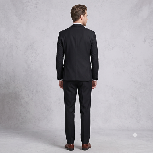 Man wearing a black suit standing against a plain gray background