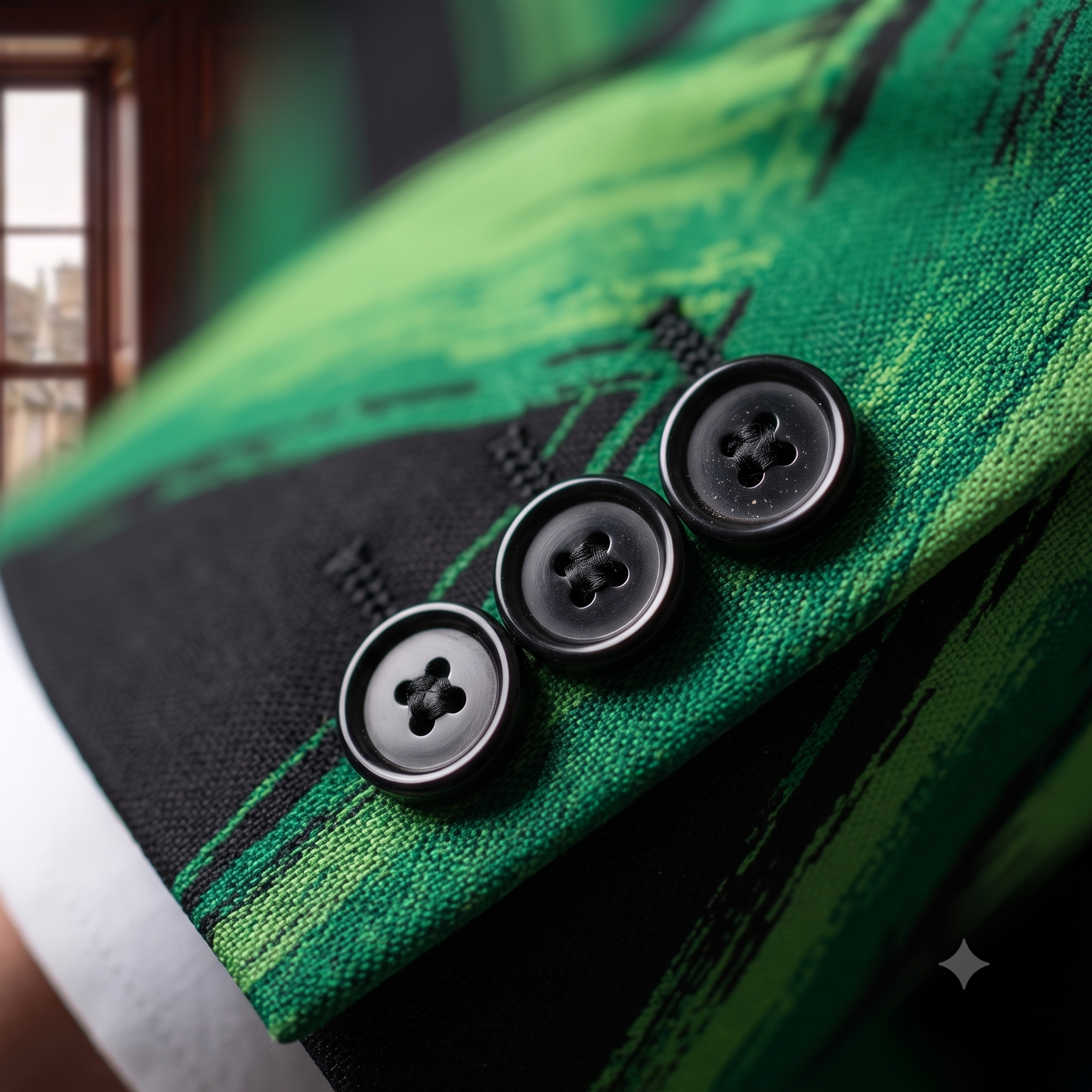 Close-up of a green textured fabric with three black buttons.