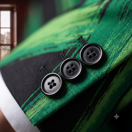 Close-up of a green textured fabric with three black buttons.