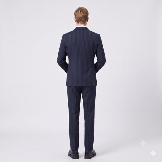 Man wearing a navy pinstripe suit on a white background