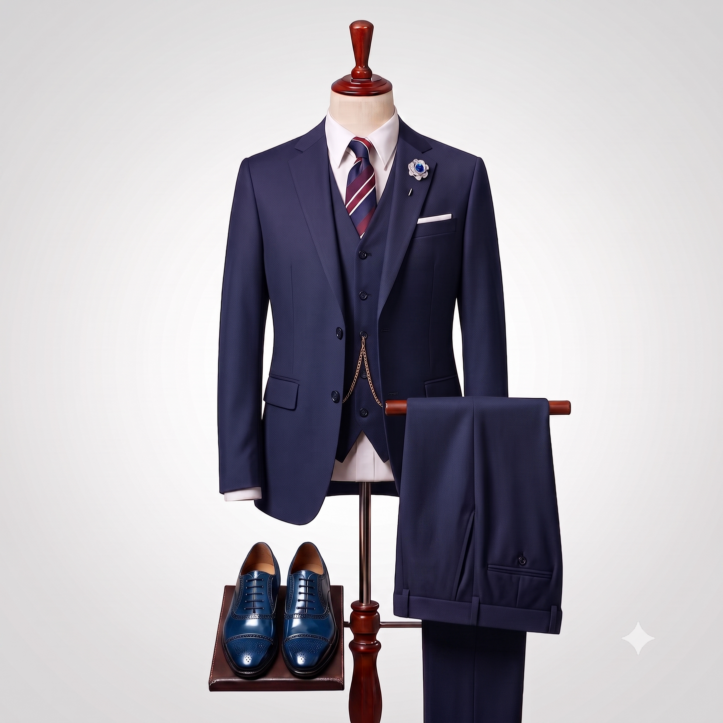 A navy blue three-piece suit displayed on a mannequin with a matching vest, tie, dress shirt, pocket square, and floral boutonniere, alongside matching navy dress shoes on a stand against a light gray background.