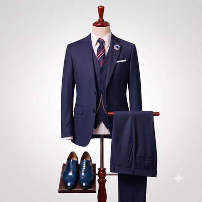 A navy blue three-piece suit displayed on a mannequin with a matching vest, tie, dress shirt, pocket square, and floral boutonniere, alongside matching navy dress shoes on a stand against a light gray background.