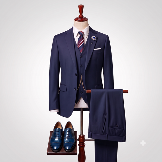 A navy blue three-piece suit displayed on a mannequin with a matching vest, tie, dress shirt, pocket square, and floral boutonniere, alongside matching navy dress shoes on a stand against a light gray background.
