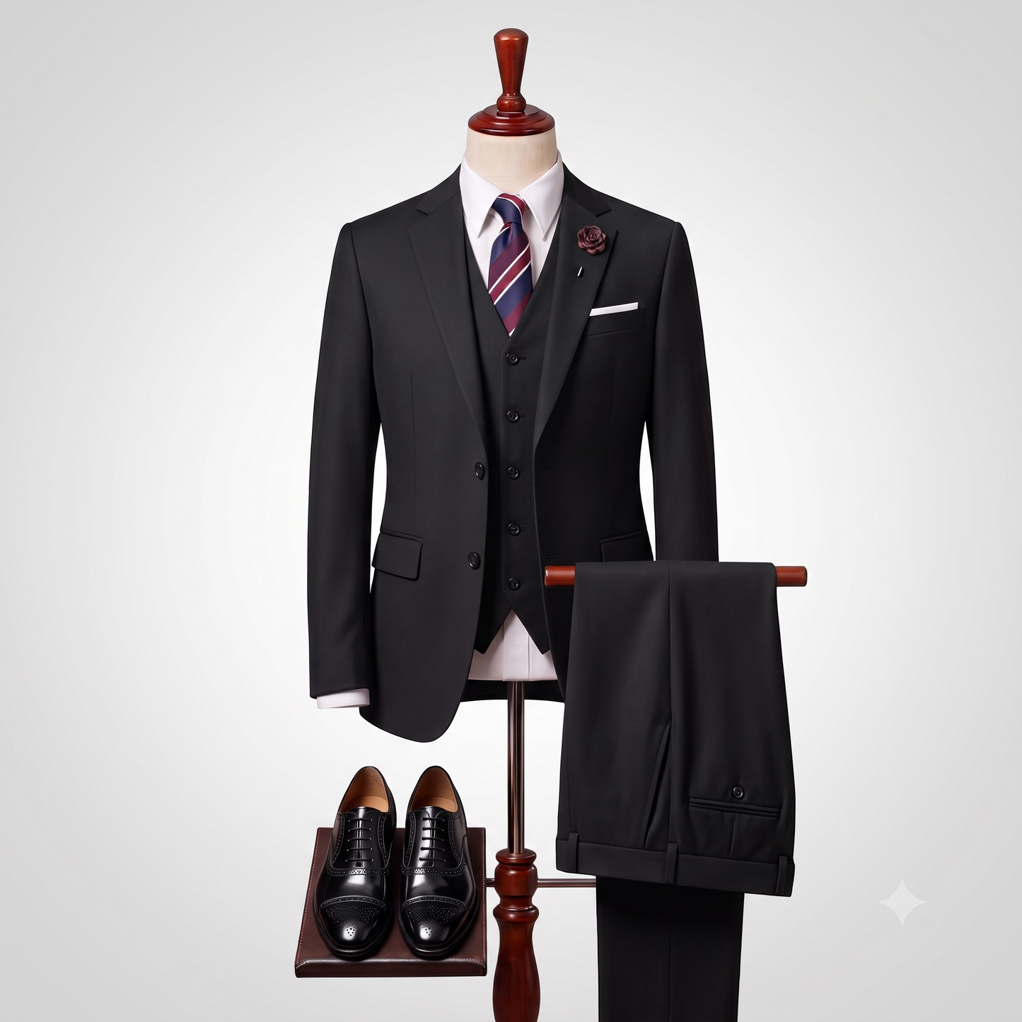 A men's three-piece suit displayed on a mannequin torso, including a black jacket, matching vest, trousers draped over a stand, white dress shirt, striped purple and blue tie, pocket square, and black dress shoes on a wooden stand against a light gray background.