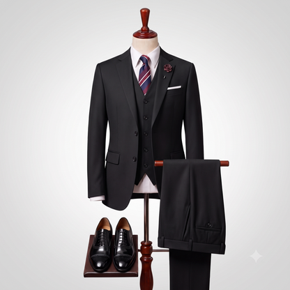 A men's three-piece suit displayed on a mannequin torso, including a black jacket, matching vest, trousers draped over a stand, white dress shirt, striped purple and blue tie, pocket square, and black dress shoes on a wooden stand against a light gray background.