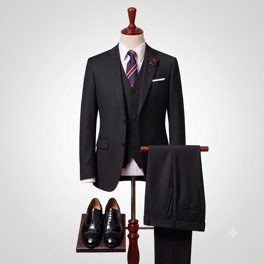 A men's three-piece suit displayed on a mannequin torso, including a black jacket, matching vest, trousers draped over a stand, white dress shirt, striped purple and blue tie, pocket square, and black dress shoes on a wooden stand against a light gray background.