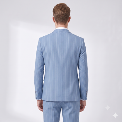 Man wearing a light blue pinstripe suit on a white background