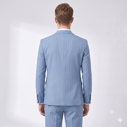 Man wearing a light blue pinstripe suit on a white background