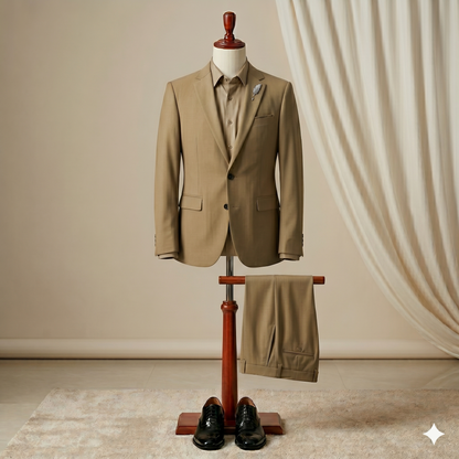 Khaki suit on a mannequin with pants hanging below against a beige wall.