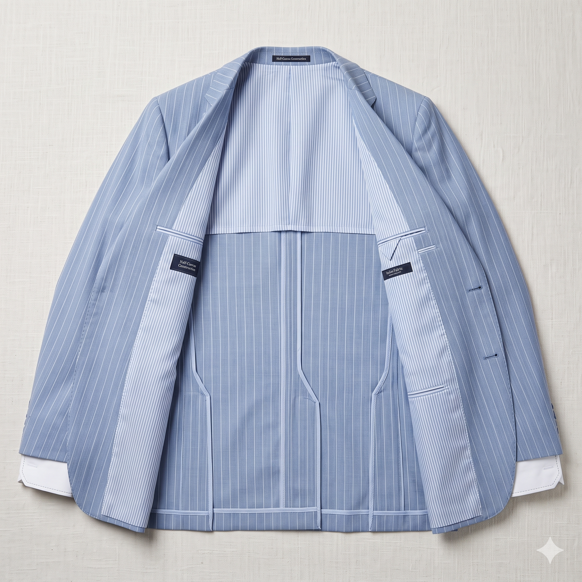 Blue pinstripe suit jacket on a light gray background