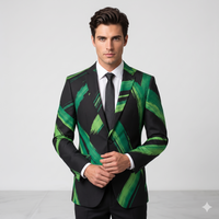 Man wearing a green and black patterned suit jacket on a white background