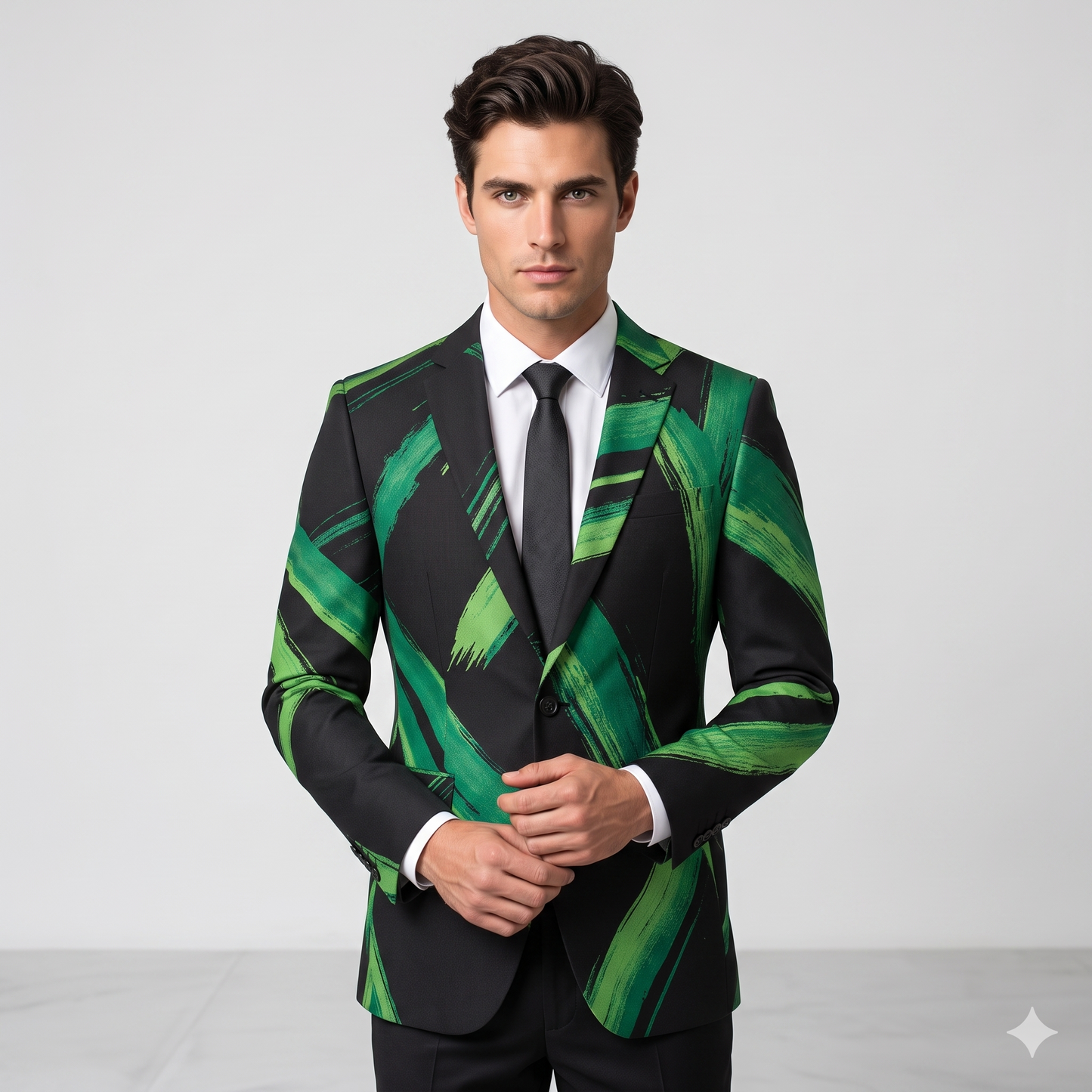 Man wearing a green and black patterned suit jacket on a white background