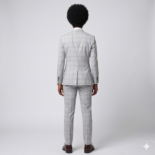 Person wearing a gray checkered suit on a white background