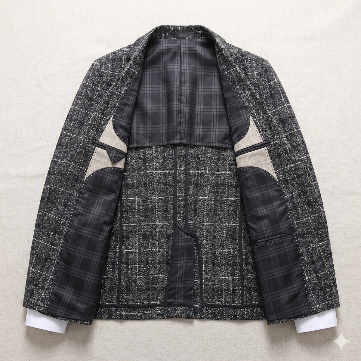 Gray checkered blazer with contrasting elbow patches on a light gray background