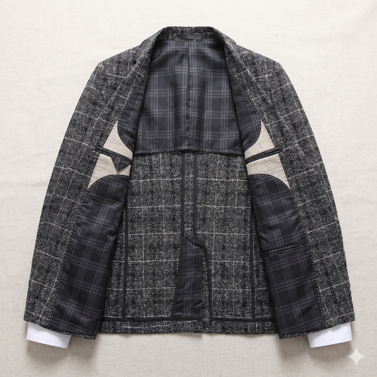 Gray checkered blazer with contrasting elbow patches on a light gray background