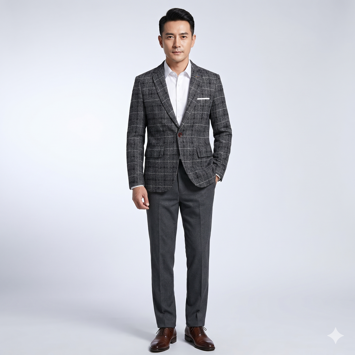 Man wearing a gray checkered suit with a white shirt on a light gray background