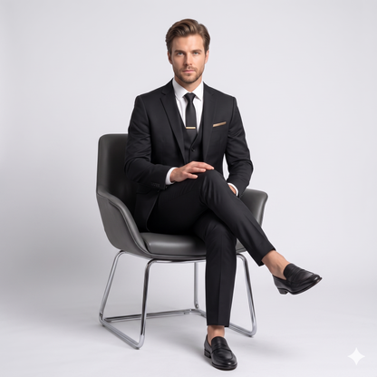 Man in a black suit sitting on a gray chair against a white background
