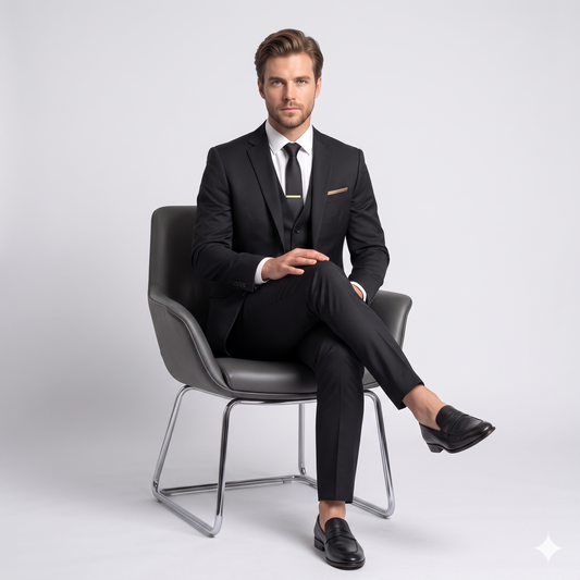 Man in a black suit sitting on a gray chair against a white background