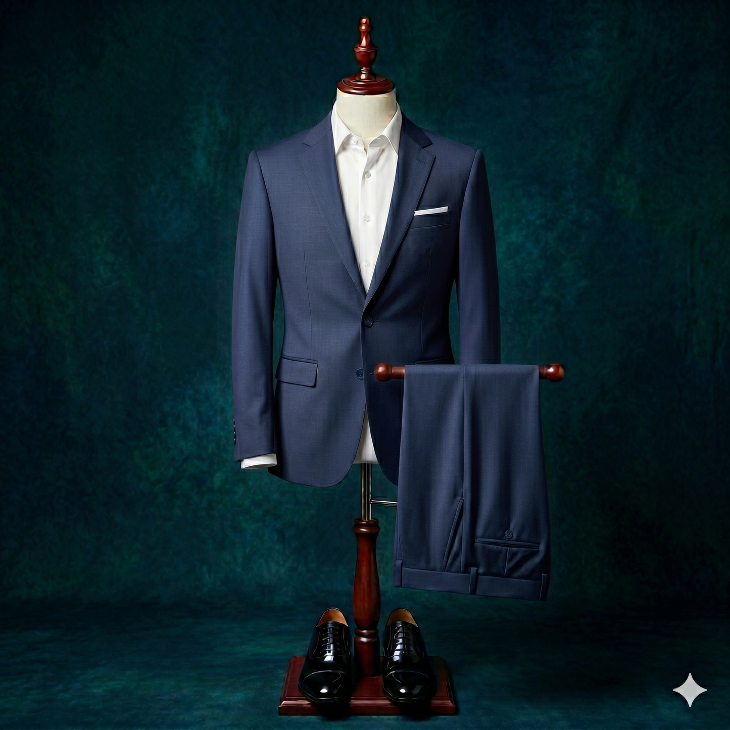 Blue suit on a mannequin with a white shirt and brown shoes against a dark green background