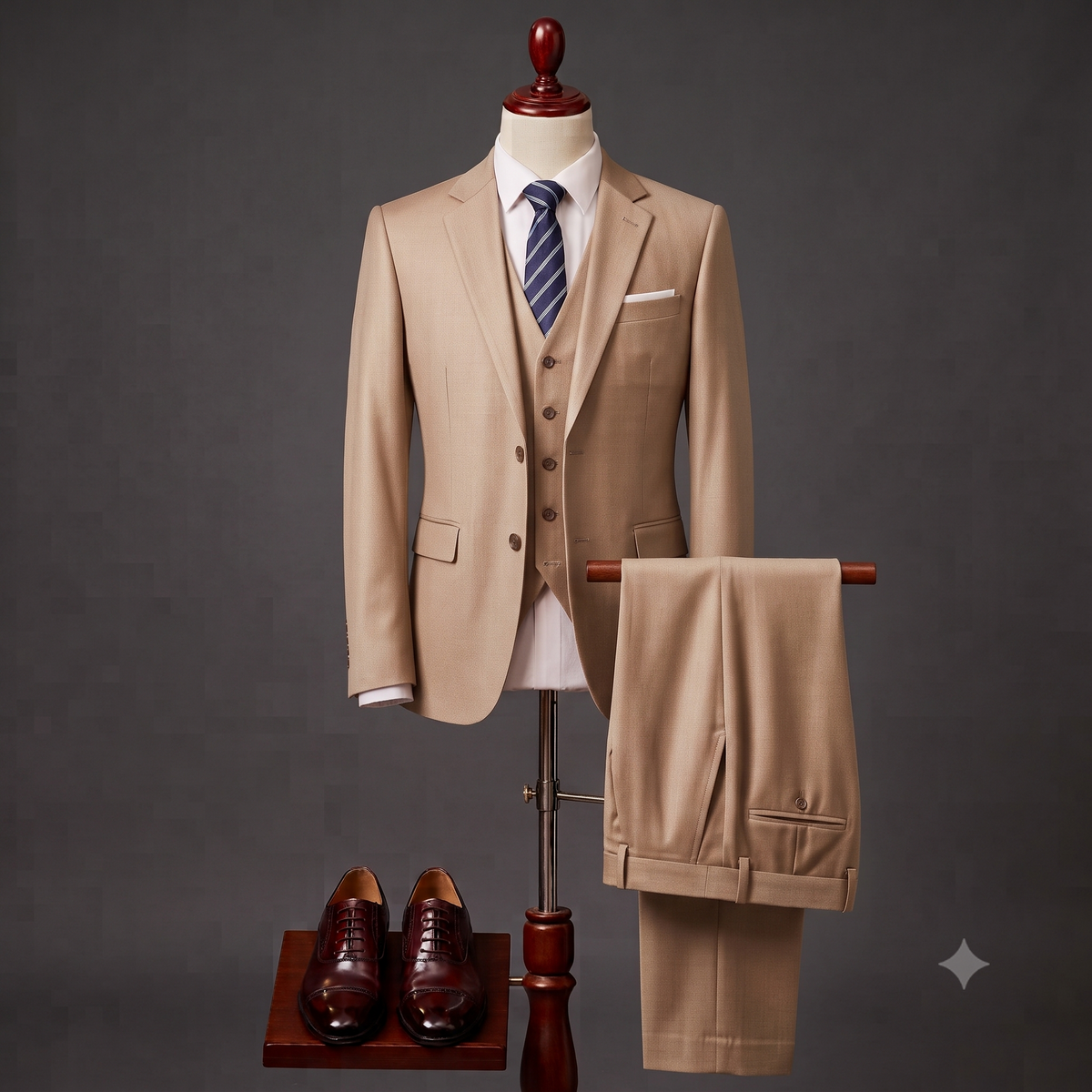 A beige three-piece suit displayed on a mannequin with a white dress shirt, blue striped tie, and matching trousers draped over a stand. Dark brown dress shoes are placed on a small wooden platform against a dark gray studio background.