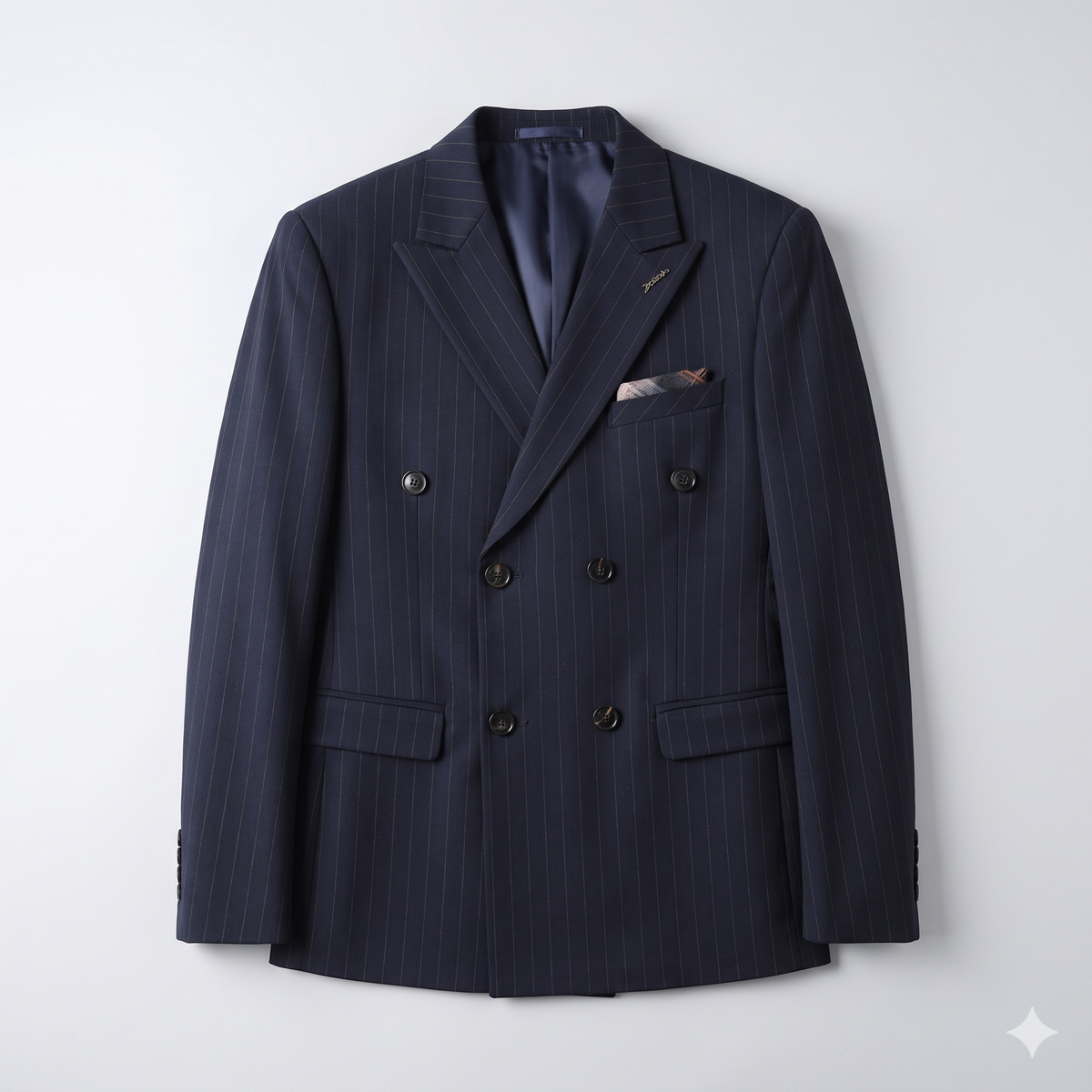 Navy pinstripe suit jacket on a light gray background