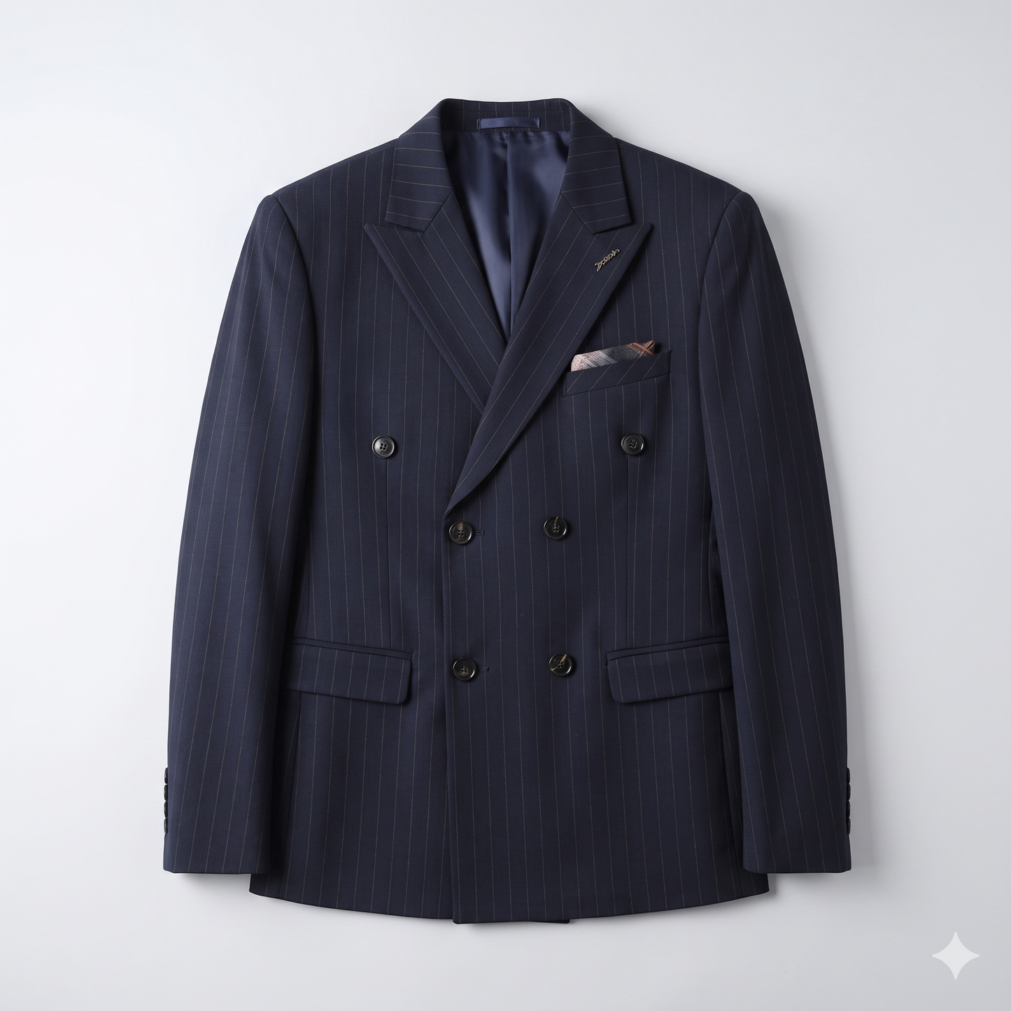 Navy pinstripe suit jacket on a light gray background