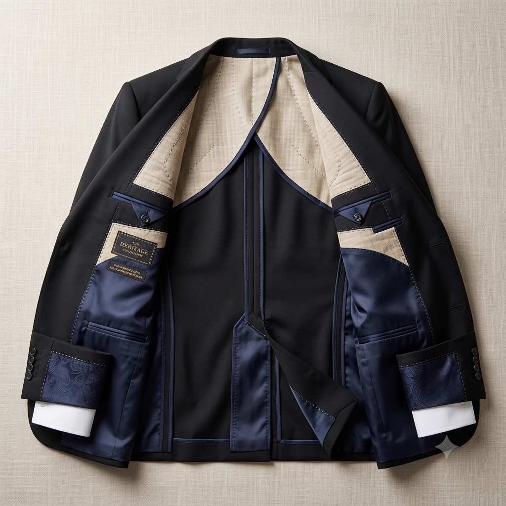 A men's open-front blazer laid flat on a textured beige fabric background. The jacket features a dark navy blue exterior, a contrasting beige textured inner lining, and a shiny navy satin front placket.