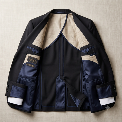 A men's open-front blazer laid flat on a textured beige fabric background. The jacket features a dark navy blue exterior, a contrasting beige textured inner lining, and a shiny navy satin front placket.