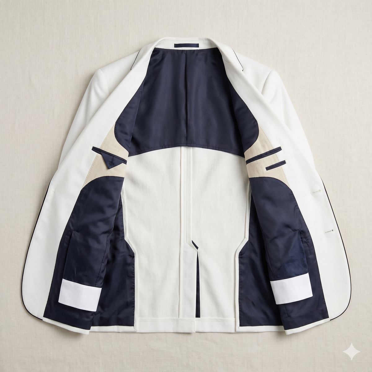 White and navy jacket on a beige background