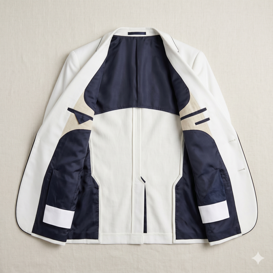 White and navy jacket on a beige background