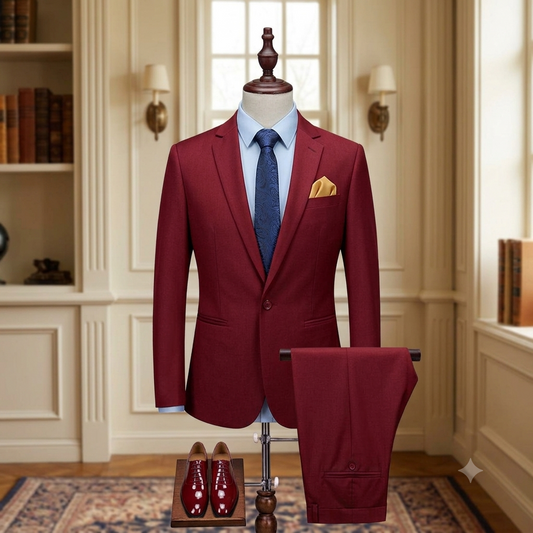 Maroon suit with blue tie and gold pocket square on a mannequin against a decorative room background.