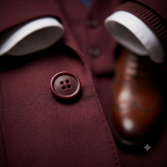 Close-up of a burgundy wool-blend cardigan with a matching button, styled with rolled-up white dress shirts and a brown leather dress shoe.