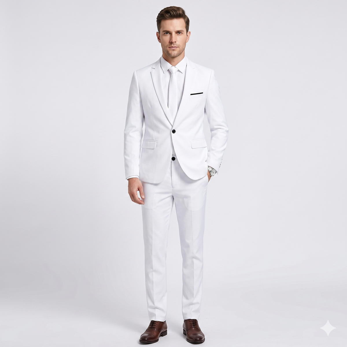 Man wearing a white suit with brown shoes on a light gray background