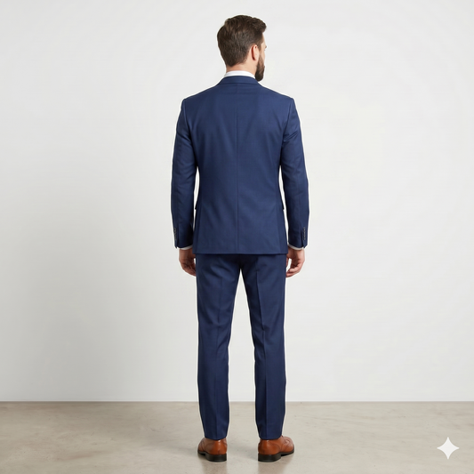 Man wearing a blue suit standing against a white background