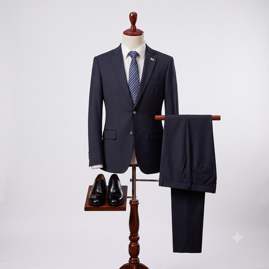 Navy suit with a tie on a mannequin against a white background
