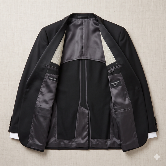 Black jacket with gray lining on a beige textured background