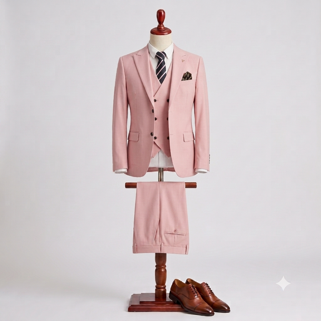 A three-piece light pink suit displayed on a mannequin, including a blazer, matching vest, trousers, a white dress shirt, a striped tie, and a pocket square, with brown dress shoes placed below on a wooden stand against a light gray background.