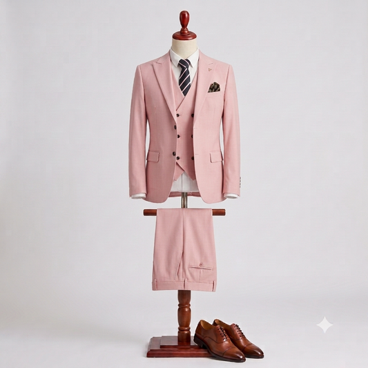 A three-piece light pink suit displayed on a mannequin, including a blazer, matching vest, trousers, a white dress shirt, a striped tie, and a pocket square, with brown dress shoes placed below on a wooden stand against a light gray background.