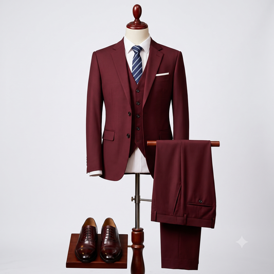 A three-piece burgundy suit displayed on a mannequin, including a jacket, matching vest, trousers draped over a stand, a striped blue tie, white dress shirt, and dark brown dress shoes on a small wooden platform against a light gray background.
