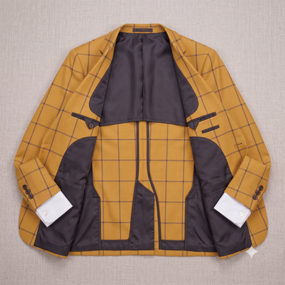 Yellow and black checkered jacket on a beige background