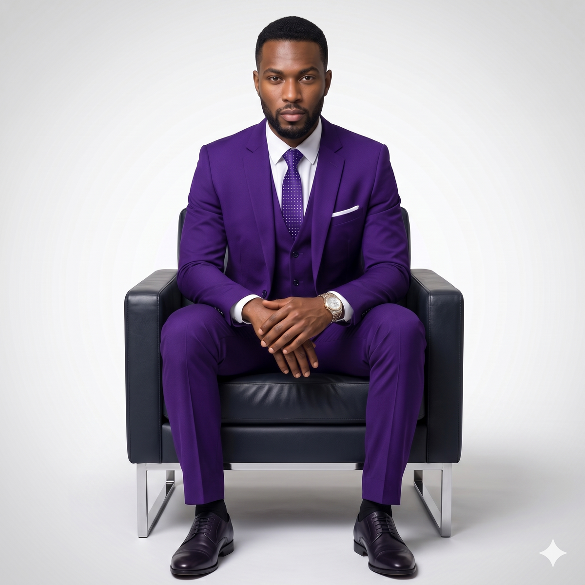 Man in a purple suit sitting on a black chair against a white background