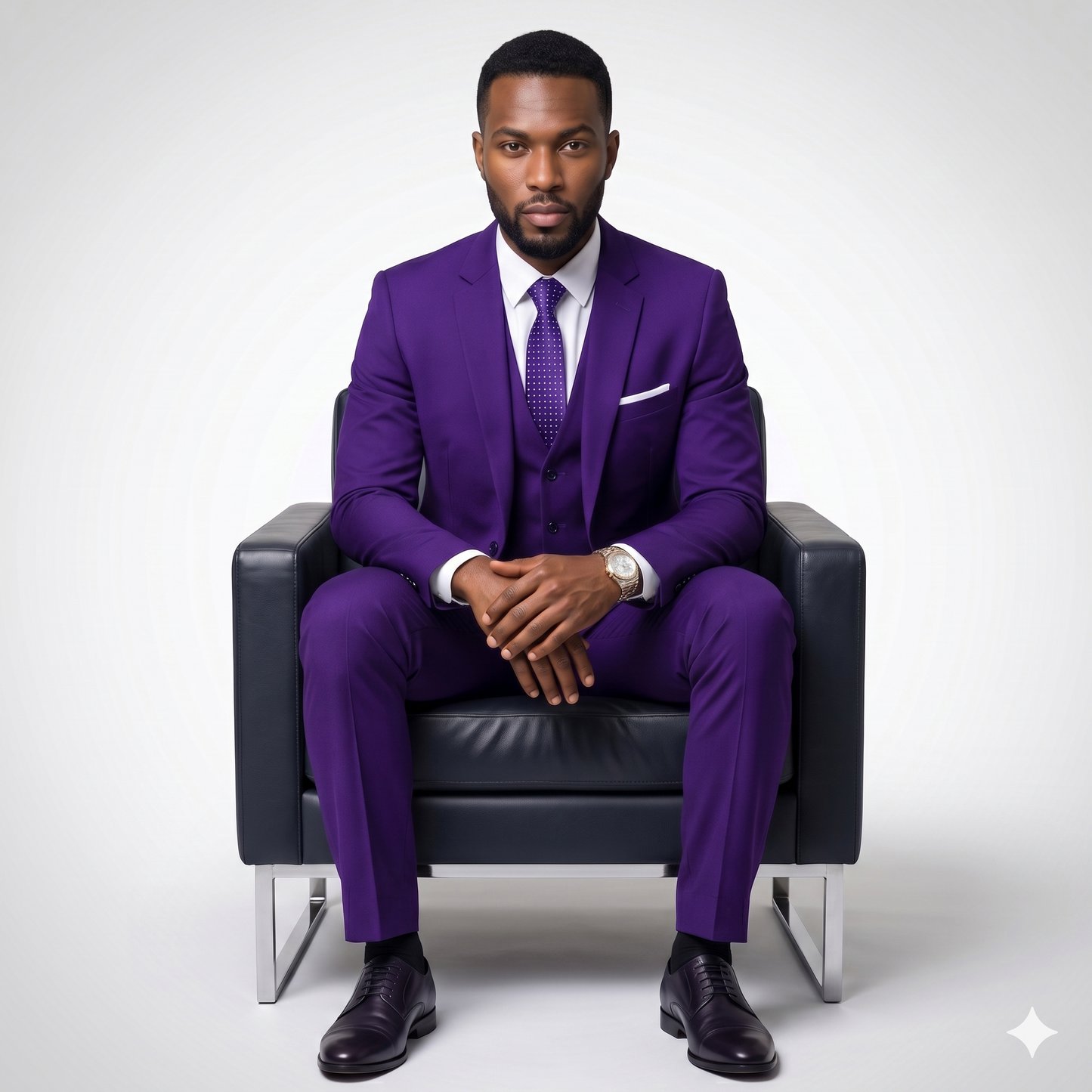 Man in a purple suit sitting on a black chair against a white background