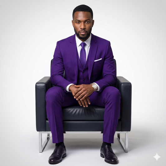 Man in a purple suit sitting on a black chair against a white background