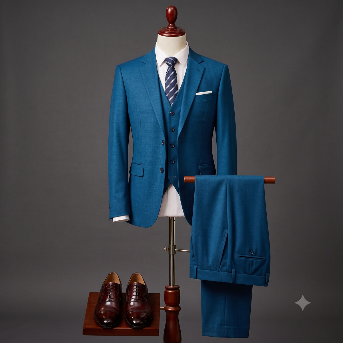 A men's three-piece suit in a rich teal blue color, displayed on a mannequin with a white dress shirt, a blue and white striped tie, and a white pocket square. The matching trousers are draped over a stand to the right, and a pair of brown leather oxford shoes is displayed on a wooden stand below.