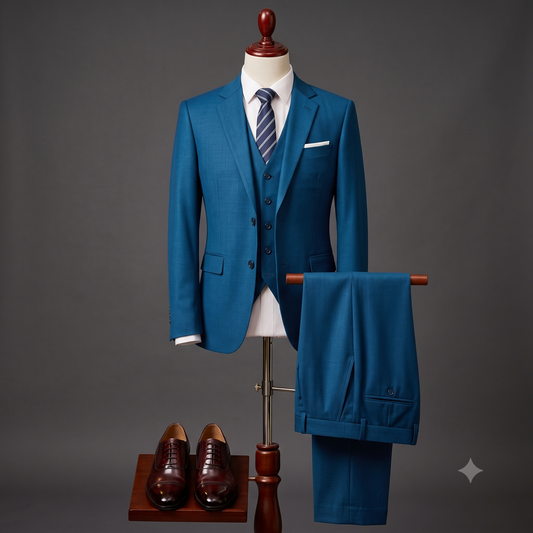 A men's three-piece suit in a rich teal blue color, displayed on a mannequin with a white dress shirt, a blue and white striped tie, and a white pocket square. The matching trousers are draped over a stand to the right, and a pair of brown leather oxford shoes is displayed on a wooden stand below.
